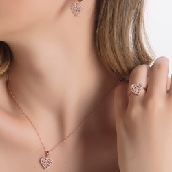 Kalpli Taş Detaylı Rose Kaplama Gümüş Set